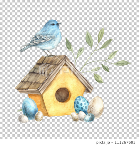 Watercolor Easter illustration with blue bird, yellow house, Easter eggs and green branch. Illustration hand drawn on isolated background for greeting cards, invitations, happy holidays, posters. Watercolor Easter illustration with blue bird, yellow house, Easter eggs and green branch. Illustration hand drawn on isolated background for greeting cards, invitations, happy holidays, posters. 111267693