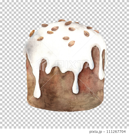 Watercolor Easter cake, hand drawn. Sketch on isolated background for greeting cards, invitations, banners, posters, textiles, graphic design. 111267704