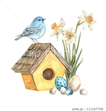 Watercolor Easter illustration with blue bird, yellow house, Easter eggs and daffodils. Illustration hand drawn on isolated background for greeting cards, invitations, happy holidays, posters. Watercolor Easter illustration with blue bird, yellow house, Easter eggs and daffodils. Illustration hand drawn on isolated background for greeting cards, invitations, happy holidays, posters. 111267706