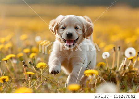 Puppy Joyfully Running Through Meadow Puppy Joyfully Running Through Meadow 111267962