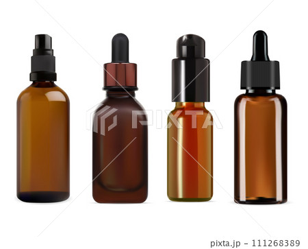 Cosmetic oil dropper bottle. Brown glass serum essence Cosmetic oil dropper bottle. Brown glass serum essence 111268389