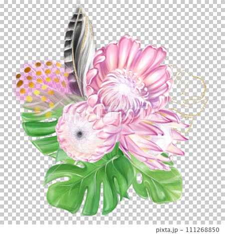 Watercolor composition of tropical pink protea flower and monstera leaves with feathers. To create wedding design, invitations, decor Watercolor composition of tropical pink protea flower and monstera leaves with feathers. To create wedding design, invitations, decor 111268850