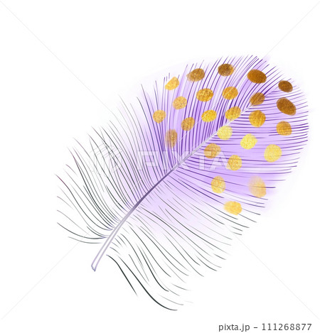 Watercolor violet plume. Soft and downy feather of bird. Hand drawn element for packaging, label, logo, icon design. Symbol of lightness. Isolated on white 111268877