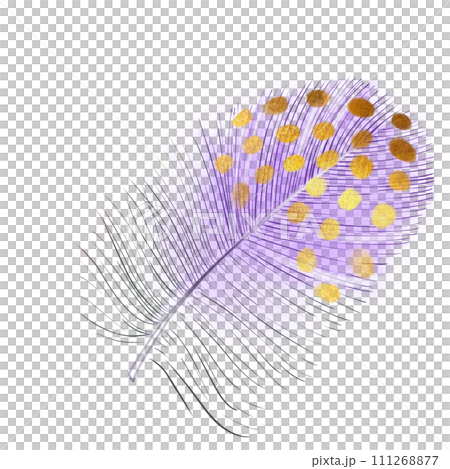 Watercolor violet plume. Soft and downy feather of bird. Hand drawn element for packaging, label, logo, icon design. Symbol of lightness. Isolated on white 111268877