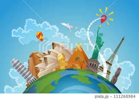Travel famous monuments. Journey concept of world countries. Composition with famous landmarks objects. Time to travel around the world. Vector illustration Travel famous monuments. Journey concept of world countries. Composition with famous landmarks objects. Time to travel around the world. Vector illustration 111268984