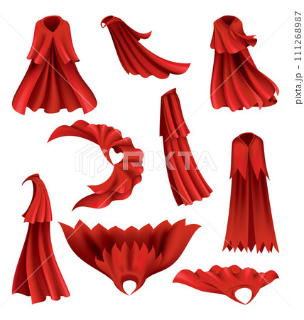 Superhero red cape in different positions, front and side view. Scarlet fabric silk cloak. Mantle costume or cover cartoon vector set 111268987