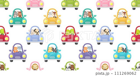 Cute little animals driven car seamless childish pattern. Funny cartoon animal character for fabric, wrapping, textile, wallpaper, apparel. Vector illustration 111269062