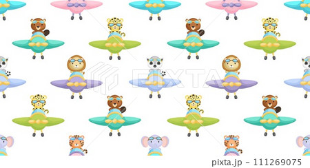 Cute little animals fly on plane seamless childish pattern. Funny cartoon animal character for fabric, wrapping, textile, wallpaper, apparel. Vector illustration Cute little animals fly on plane seamless childish pattern. Funny cartoon animal character for fabric, wrapping, textile, wallpaper, apparel. Vector illustration 111269075