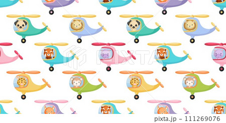 Cute little animals fly on helicopter seamless childish pattern. Funny cartoon animal character for fabric, wrapping, textile, wallpaper, apparel. Vector illustration Cute little animals fly on helicopter seamless childish pattern. Funny cartoon animal character for fabric, wrapping, textile, wallpaper, apparel. Vector illustration 111269076