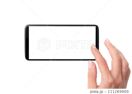 Black smartphone with white screen in hands Black smartphone with white screen in hands 111269800