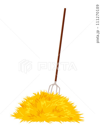 Haystack isolated on white background. Flat vector illustration dried haystack with fork. Farming haymow bale hayloft, agricultural rural haycock Haystack isolated on white background. Flat vector illustration dried haystack with fork. Farming haymow bale hayloft, agricultural rural haycock 111270189