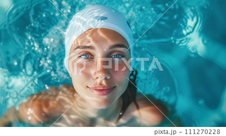 A girl in a swimming cap swims in a blue pool 111270228