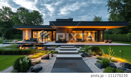 beautiful evening lighting of a modern cottage with landscape design beautiful evening lighting of a modern cottage with landscape design 111270230