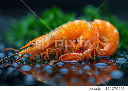 Ready to eat shrimp on a black background. 111270401