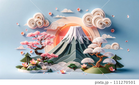 A paper art Mount Fuji at sunrise with cherry blossoms, 111270501
