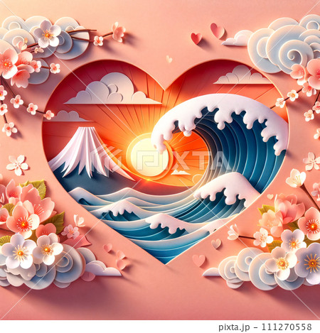 paper art Mount Fuji at sunrise, adorned with cherry blossoms paper art Mount Fuji at sunrise, adorned with cherry blossoms 111270558