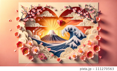 paper art Mount Fuji at sunrise, adorned with cherry blossoms paper art Mount Fuji at sunrise, adorned with cherry blossoms 111270563