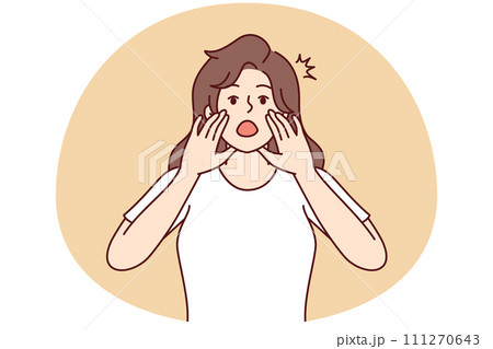 Woman screams loudly using palms instead of gramophone tell important news. Vector image Woman screams loudly using palms instead of gramophone tell important news. Vector image 111270643
