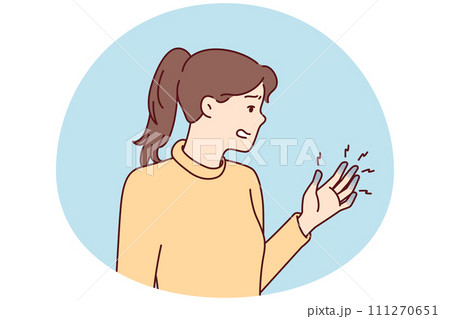 Woman experiencing with blue fingers after injury or chronic illness tormented by pain. Vector image 111270651
