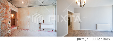 Photo collage of apartment room before and after restoration or refurbishment. Old room with doorway and new renovated living room with parquet floor and elegant interior design. Photo collage of apartment room before and after restoration or refurbishment. Old room with doorway and new renovated living room with parquet floor and elegant interior design. 111271085