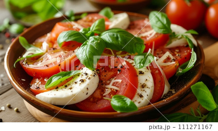 Salad of sliced tomatoes, mozzarella and basil leaves 111271167