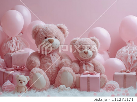 teddy bears and balloons on a pink background for baby girl 111271171