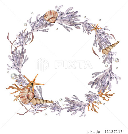 frame is a wreath on a marine theme. shells, corals, starfish, algae. watercolor illustration. isolated on a white background. For fabric, textiles, wallpaper, clothing beach, summer accessories 111271174