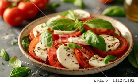 Salad of sliced tomatoes, mozzarella and basil leaves 111271192