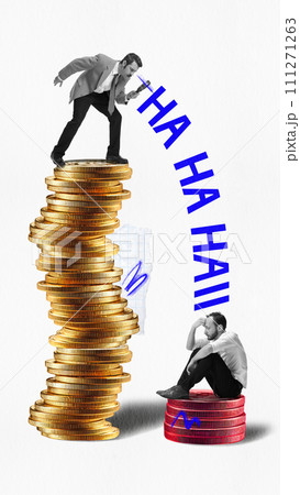 Poster. Contemporary art collage. Successful and rich man stands on larger stack of coins and mocks man who sits on small and low stack of coins. Poster. Contemporary art collage. Successful and rich man stands on larger stack of coins and mocks man who sits on small and low stack of coins. 111271263