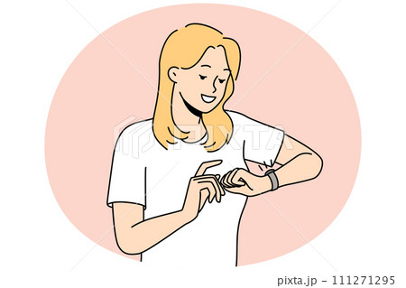 Smiling woman check time on wristwatch Smiling woman check time on wristwatch 111271295