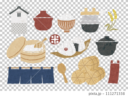 水彩畫米圖示、米、鍋子、陶罐、碗等。 111271338
