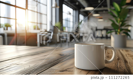 Closeup of steaming coffee mug, with a blurred or bokeh background of modern cafe interior, AI generate. 111272265