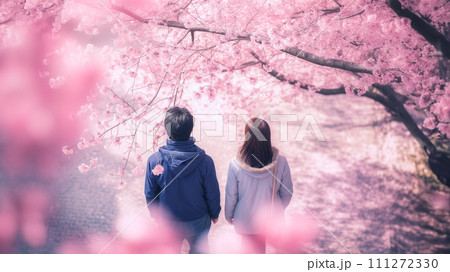 お花見デートするカップルの後ろ姿 111272330