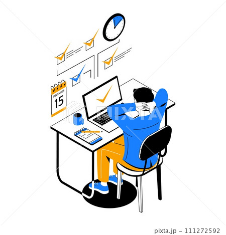 Time management. People organize productive workflow and effective schedule. Man working at computer. Completed tasks. Deadline and priority goals. Business employee. Vector concept Time management. People organize productive workflow and effective schedule. Man working at computer. Completed tasks. Deadline and priority goals. Business employee. Vector concept 111272592