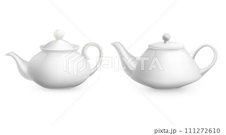 White teapot realistic. Porcelain for morning tea. Hot drink utensil, kitchen ceramic crockery. Restaurant and cafe tableware serving, kettles different shapes. Vector isolated 3d set 111272610