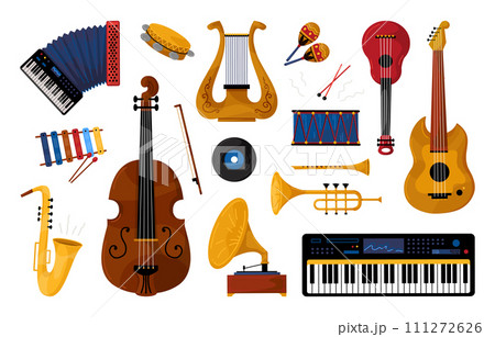 Music instruments. Tambourine, accordion speaker guitar set, drum violin and microphone in studio. Saxophone and maracas. Orchestra concert. Vector flat isolated objects Music instruments. Tambourine, accordion speaker guitar set, drum violin and microphone in studio. Saxophone and maracas. Orchestra concert. Vector flat isolated objects 111272626