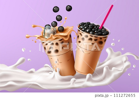 Bubble tea. Boba pearls and milk in motion, tapioca asian delicious drink, flowing ice cubes, cold summer beverages in plastic container. Realistic elements. Vector advertising illustration 111272655