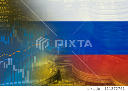 Stock market investment trading financial, coin and Russia flag or Forex for analyze profit finance business trend data background. Stock market investment trading financial, coin and Russia flag or Forex for analyze profit finance business trend data background. 111272761