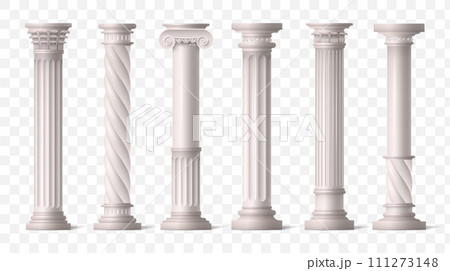 Roman columns. Green ionic pillars from Ancient Greece or Rome architecture temple, white arch frame or pedestal. Classic antique colonnade with carved stone. Architecture elements vector set 111273148