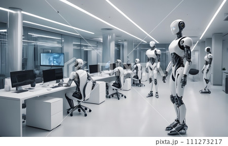 AI-generated content. Humanoid Robots in Futuristic Office AI Generated 111273217