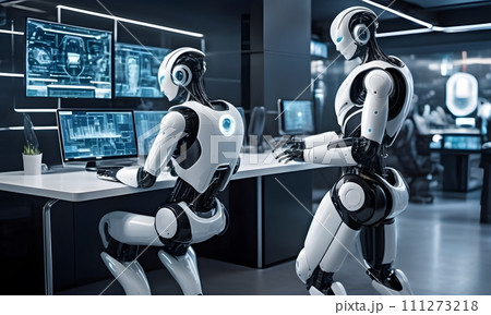 AI-generated content. Futuristic Robots in High-Tech Workspace AI Generated 111273218