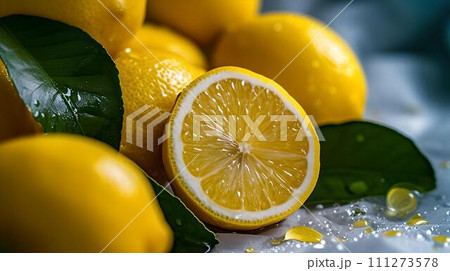 Fresh citrus fruits on display, vibrant yellow lemons, one cut in half reveals juicy interior. a picture of summer. AI 111273578