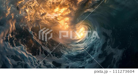 Majestic ocean wave during sunset, capturing the dynamic movement and natural beauty. ideal for backgrounds and nature themes. AI Majestic ocean wave during sunset, capturing the dynamic movement and natural beauty. ideal for backgrounds and nature themes. AI 111273604