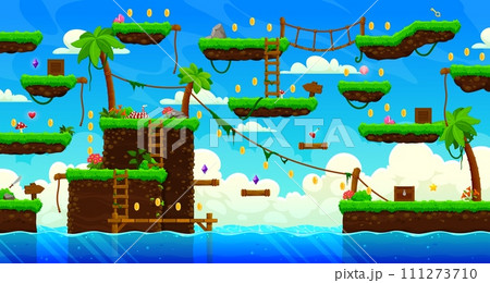 Arcade tropical island game level map interface. Sky clouds, palms and lianas, golden coins, platforms and bonuses, stairs or bridges over the sea. Cartoon vector fantasy world location Ui landscape 111273710
