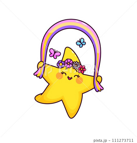 Cartoon cute funny kawaii star and twinkle character joyfully jumps with a rainbow rope. Isolated vector celestial toon adorned with flowers wreath spreading whimsical playful energy among butterflies 111273711