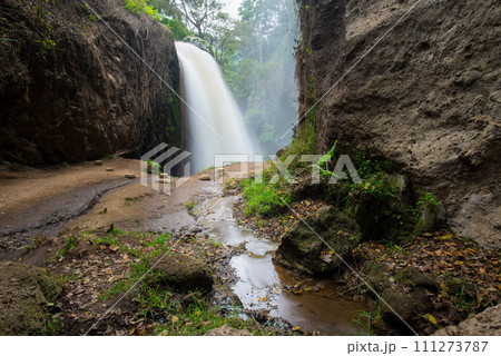 Scenery view of Blawan waterfall located in Kalianyar village, Sempol district of East Java, Indonesia. Blawan waterfall is surrounded by sharp cliffs and there is also stalagmite cave. Scenery view of Blawan waterfall located in Kalianyar village, Sempol district of East Java, Indonesia. Blawan waterfall is surrounded by sharp cliffs and there is also stalagmite cave. 111273787