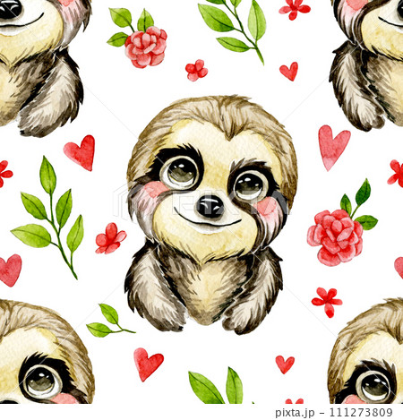 watercolor seamless pattern with cute baby tropical animals. sloth watercolor seamless pattern with cute baby tropical animals. sloth 111273809
