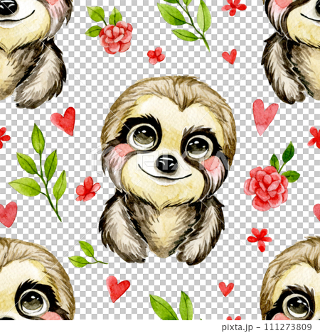 watercolor seamless pattern with cute baby tropical animals. sloth watercolor seamless pattern with cute baby tropical animals. sloth 111273809