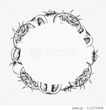 Vegetable round vector frame. Hand drawn ink graphics of tomato in round frame for menu, restaurant, cafe ,label, packing design. Vegetarian food, healthy eating Vegetable round vector frame. Hand drawn ink graphics of tomato in round frame for menu, restaurant, cafe ,label, packing design. Vegetarian food, healthy eating 111273948