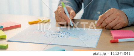Skilled businessman brainstorms marketing ideas using mind maps.Variegated. 111274041